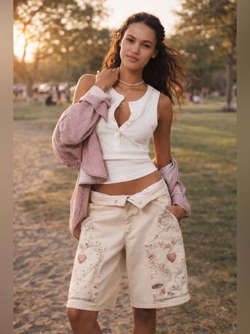 Anthropologie Cream Floral Patchwork Bermuda Shorts